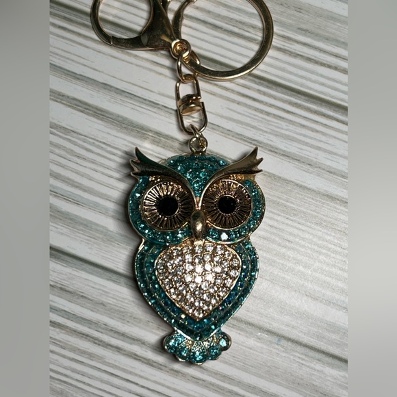 NEW Rhinestone Owl Key Chain/Bag Charm, Teal/Blue on Gold Toned Zinc Alloy - Picture 6 of 6
